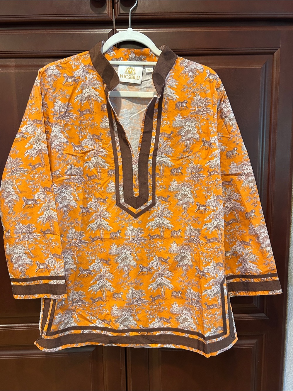 Nicoblu Orange Printed Women's Tunic with Brown Trim